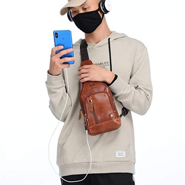 BULLCAPTAIN Genuine Leather Sling Bag with USB Charging Port Multi-pocket Chest Bag for Men Hiking Travel Daypack XB-129(Brown)