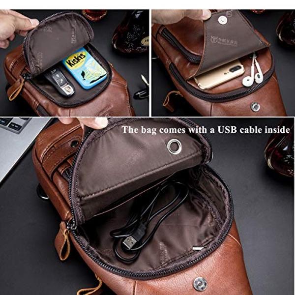 BULLCAPTAIN Genuine Leather Sling Bag with USB Charging Port Multi-pocket Chest Bag for Men Hiking Travel Daypack XB-129(Brown)