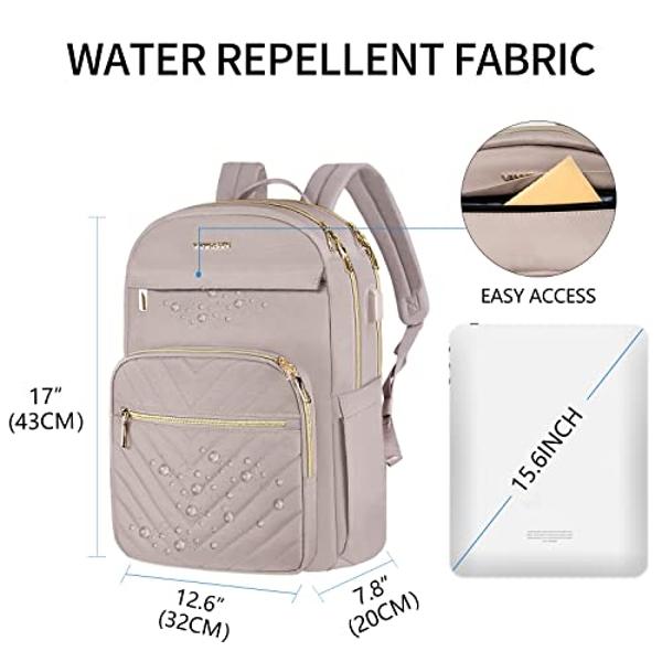 VANKEAN 15.6 Inch Laptop Backpack for Women Work Bag Fashion with USB Port, Waterproof Stylish Travel Bags Casual Daypacks for College, Business, Light Dusty Pink
