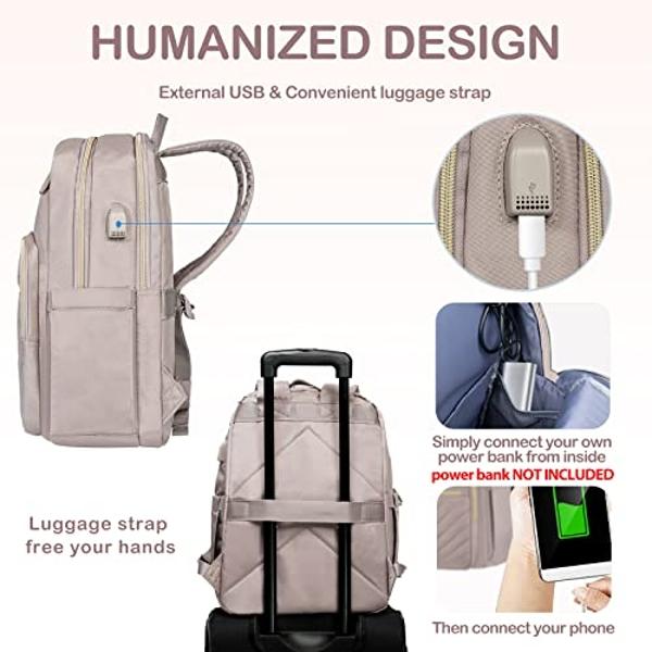 VANKEAN 15.6 Inch Laptop Backpack for Women Work Bag Fashion with USB Port, Waterproof Stylish Travel Bags Casual Daypacks for College, Business, Light Dusty Pink