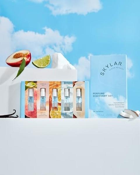 Skylar Eau de Parfum Discovery Spray Sampler Gift Set - Hypoallergenic & Clean Perfume for Women & Men- Peach Fields- Vanilla Sky, Lime Sands, Salt Air, Coconut Cove - 5 1.5mL Spra