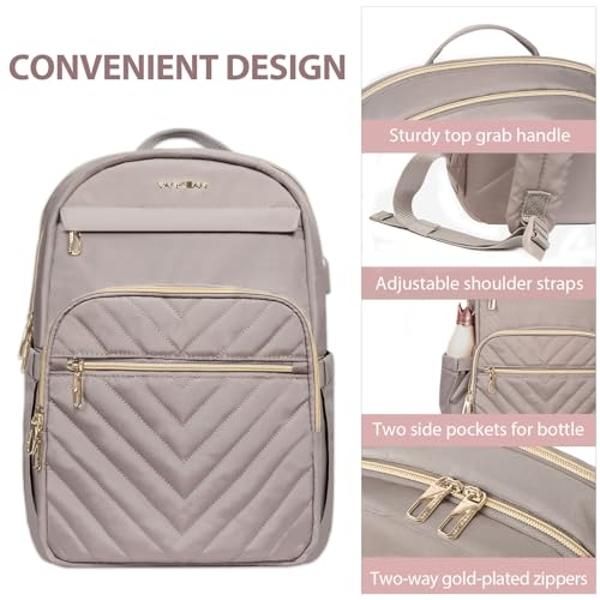 VANKEAN 15.6 Inch Laptop Backpack for Women Work Bag Fashion with USB Port, Waterproof Stylish Travel Bags Casual Daypacks for College, Business, Light Dusty Pink
