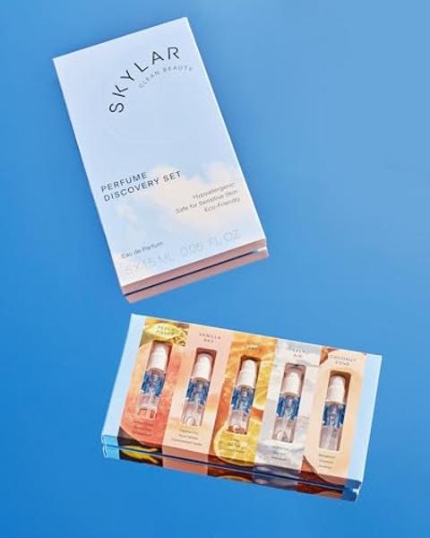 Skylar Eau de Parfum Discovery Spray Sampler Gift Set - Hypoallergenic & Clean Perfume for Women & Men- Peach Fields- Vanilla Sky, Lime Sands, Salt Air, Coconut Cove - 5 1.5mL Spra