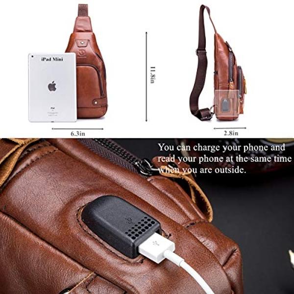 BULLCAPTAIN Genuine Leather Sling Bag with USB Charging Port Multi-pocket Chest Bag for Men Hiking Travel Daypack XB-129(Brown)