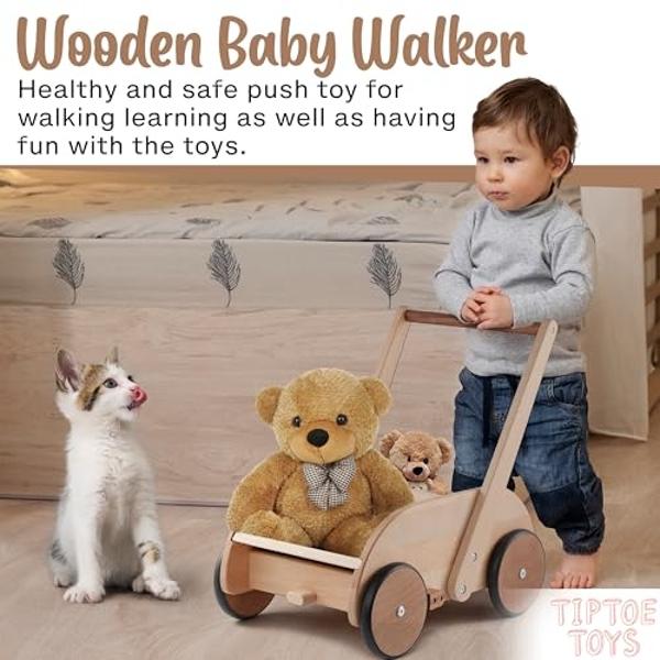 Tiptoe Toys 2-in-1 Wooden Baby Walker with Sit-to-Stand Learning | with Adjustable Seat & Speed | Baby Walker Push Toy in Natural Wood for Babies 6-12 Months up to 3 Years for Infa