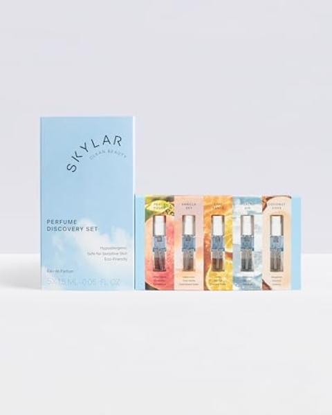 Skylar Eau de Parfum Discovery Spray Sampler Gift Set - Hypoallergenic & Clean Perfume for Women & Men- Peach Fields- Vanilla Sky, Lime Sands, Salt Air, Coconut Cove - 5 1.5mL Spra