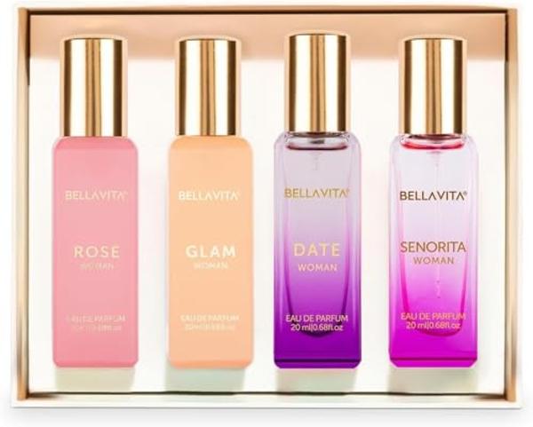 BellaVita Luxury Perfumes for Women Set (4x20ml) | Woman Perfume with DATE, SENORITA, GLAM & ROSE | Vanilla Perfume with Floral Sweet & Musk | Arabian Perfume for Women | Cologne &