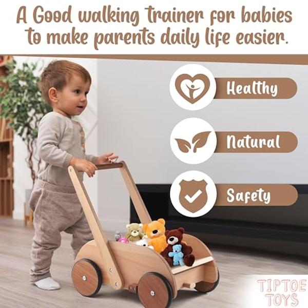 Tiptoe Toys 2-in-1 Wooden Baby Walker with Sit-to-Stand Learning | with Adjustable Seat & Speed | Baby Walker Push Toy in Natural Wood for Babies 6-12 Months up to 3 Years for Infa