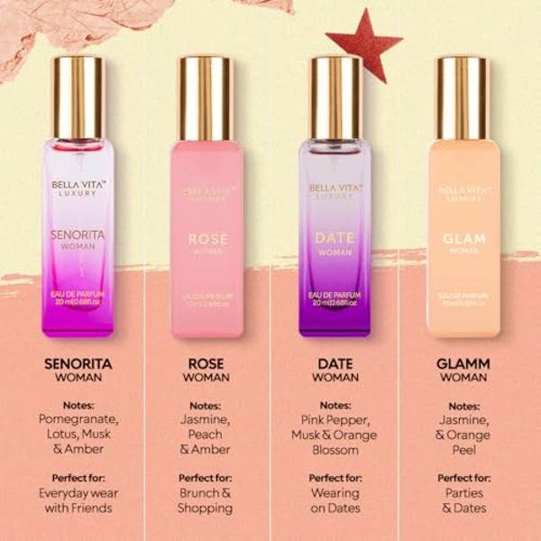 BellaVita Luxury Perfumes for Women Set (4x20ml) | Woman Perfume with DATE, SENORITA, GLAM & ROSE | Vanilla Perfume with Floral Sweet & Musk | Arabian Perfume for Women | Cologne &