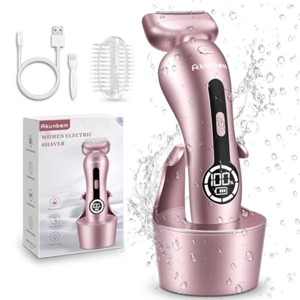 Akunbem Electric Shaver for Women for Legs Bikini Trimmer Electric Razors for Women Underarm Public Hairs Rechargeable Womens Shaver Wet Dry Use Painless Cordless with Detachable H