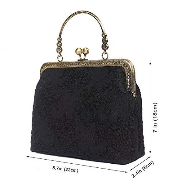Rejolly Women Vintage Kiss Lock Evening Clutch Purse Top Handle Clasp Handbag Retro 1920s Victorian Lace Bag Black