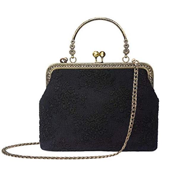 Rejolly Women Vintage Kiss Lock Evening Clutch Purse Top Handle Clasp Handbag Retro 1920s Victorian Lace Bag Black