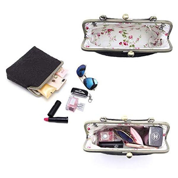 Rejolly Women Vintage Kiss Lock Evening Clutch Purse Top Handle Clasp Handbag Retro 1920s Victorian Lace Bag Black