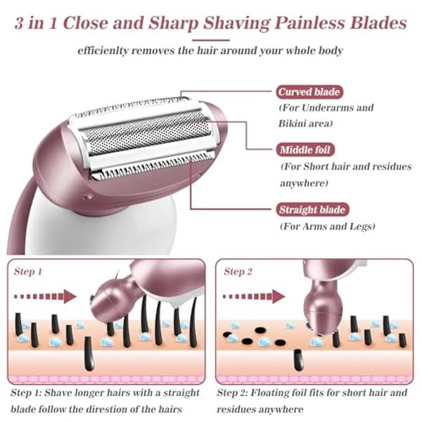 Akunbem Electric Shaver for Women for Legs Bikini Trimmer Electric Razors for Women Underarm Public Hairs Rechargeable Womens Shaver Wet Dry Use Painless Cordless with Detachable H