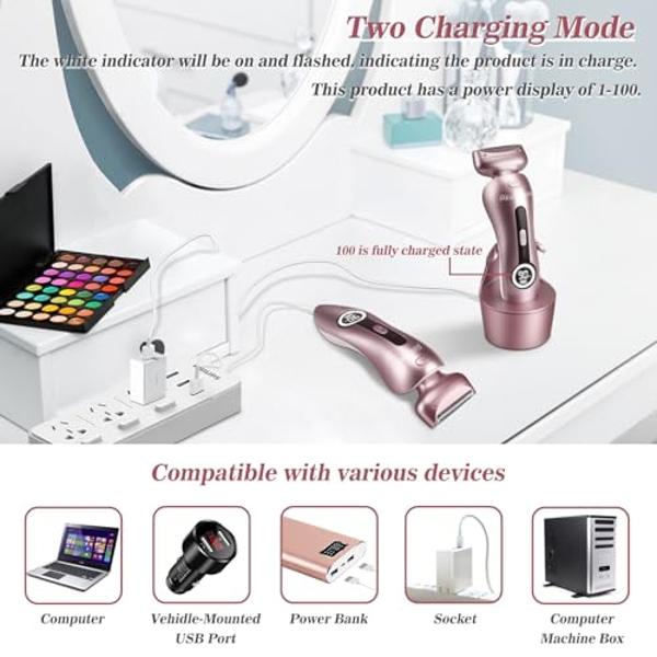 Akunbem Electric Shaver for Women for Legs Bikini Trimmer Electric Razors for Women Underarm Public Hairs Rechargeable Womens Shaver Wet Dry Use Painless Cordless with Detachable H