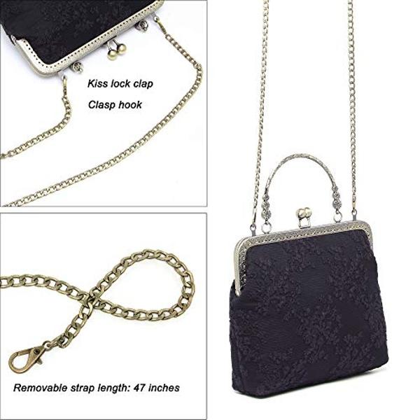 Rejolly Women Vintage Kiss Lock Evening Clutch Purse Top Handle Clasp Handbag Retro 1920s Victorian Lace Bag Black