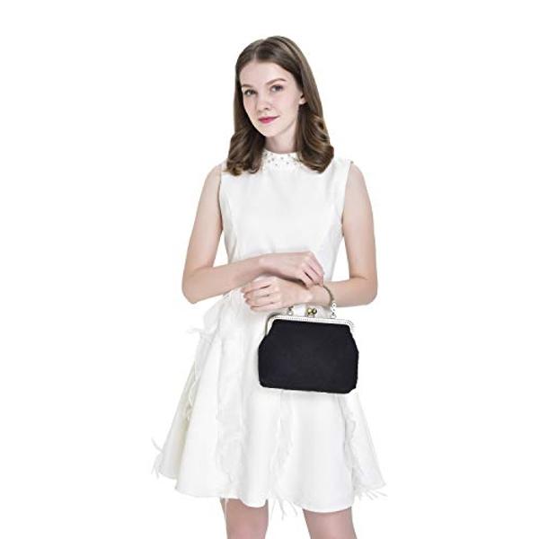 Rejolly Women Vintage Kiss Lock Evening Clutch Purse Top Handle Clasp Handbag Retro 1920s Victorian Lace Bag Black