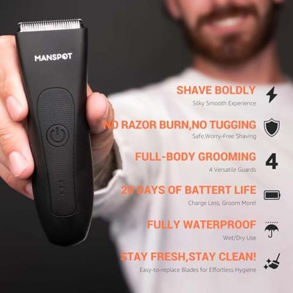 MANSPOT Manscape Groin & Body Hair Trimmer for Men, Electric Ball Pubic Trimmer Shaver,Manscape Kit with 4 Guard,Replaceable Ceramic Blade Heads,Waterproof Wet/Dry Shaver,90 Minute