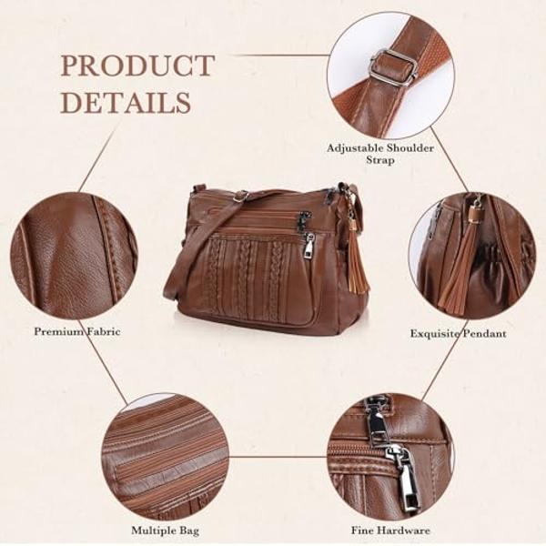 ELDA Purses for Women Pocketbooks Soft PU Leather Ladies Crossbody Purse Multi Pocket Shoulder Bag (Brown)