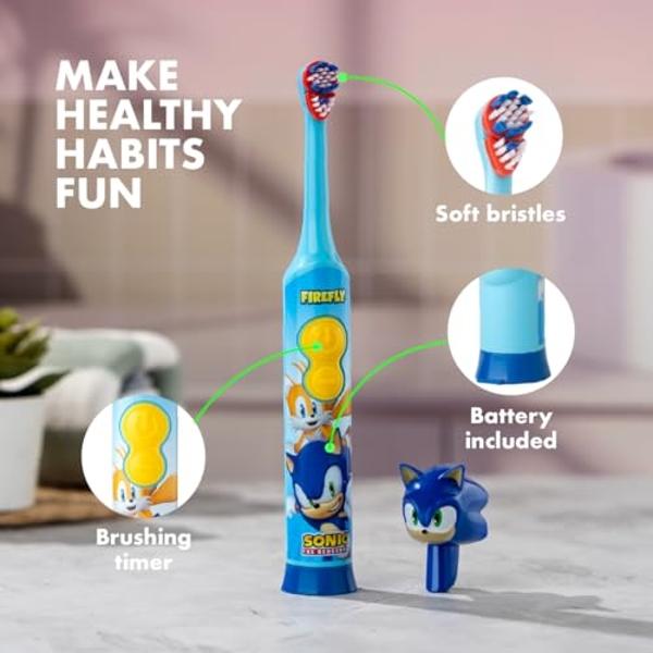 FIREFLY Clean N' Protect, Sonic The Hedgehog Toothbrush with 3D hygienic Cover, Premium Soft Bristles, Anti-Slip Grip Handle, Battery Included, Ages 3+, 3 Piece Set (Pack of 1)