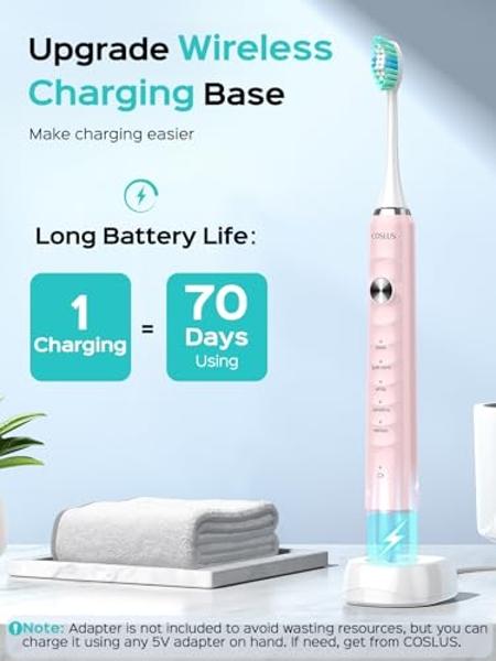 COSLUS Electric Toothbrush for Adults and Teen: Wireless Rechargeable Tooth Brush for Adult and Teen Youth with Portable Travel Case, 5 Modes 47000 VPM Power Toothbrushes 6 Brush H