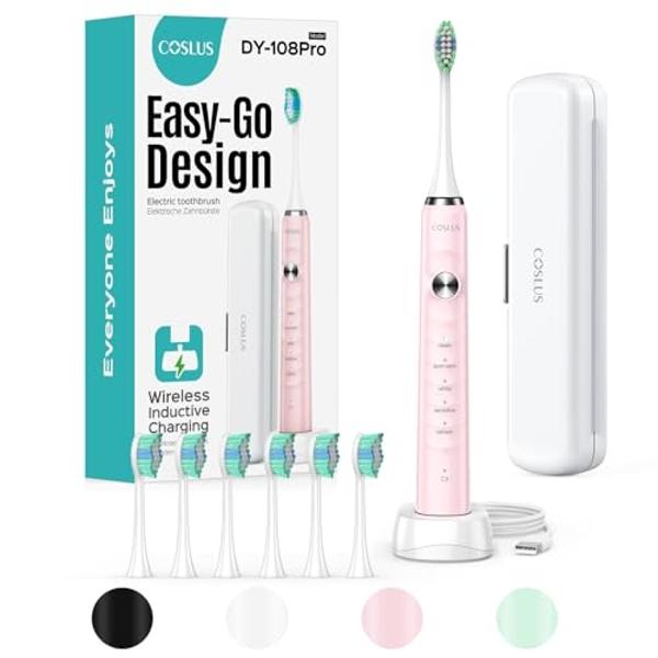 COSLUS Electric Toothbrush for Adults and Teen: Wireless Rechargeable Tooth Brush for Adult and Teen Youth with Portable Travel Case, 5 Modes 47000 VPM Power Toothbrushes 6 Brush H