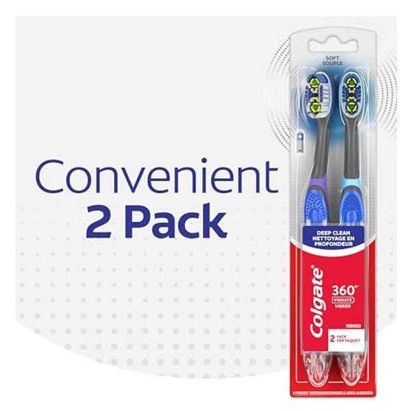 Colgate 360 Vibrate Deep Clean Battery Operated Toothbrush Pack, Disposable Electric Toothbrush with 1 AAA Battery Included, Whole Mouth Clean, 2 Pack