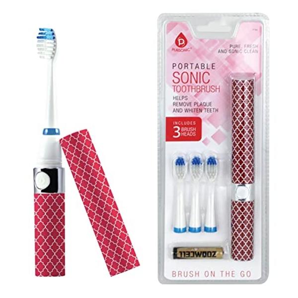 Pursonic Portable Sonic Toothbrush Battery Operated, Battery Included, 3 Brush Heads Included, 22,000 Strokes Per Minute, Brush On The Go (Pink)