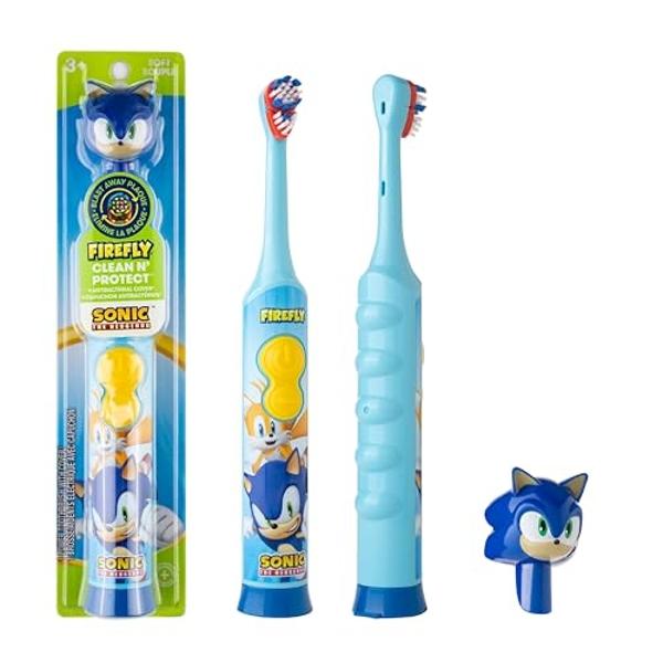 FIREFLY Clean N' Protect, Sonic The Hedgehog Toothbrush with 3D hygienic Cover, Premium Soft Bristles, Anti-Slip Grip Handle, Battery Included, Ages 3+, 3 Piece Set (Pack of 1)
