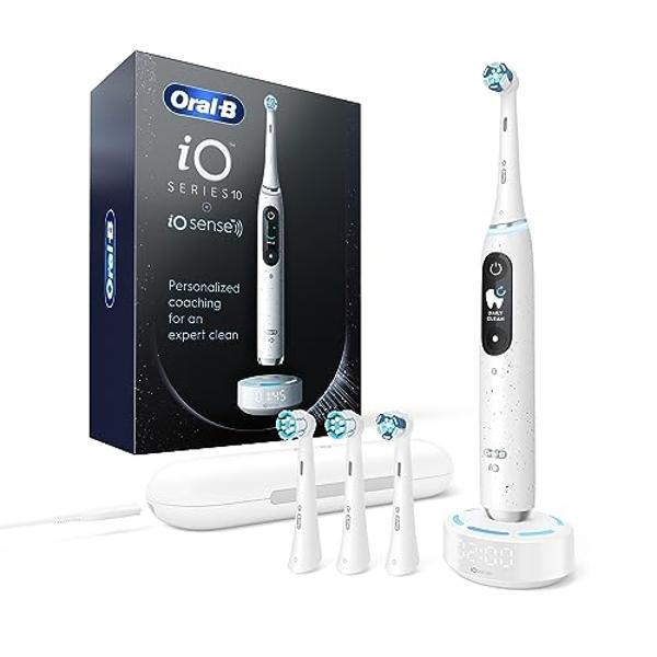 Oral-B iO Series 10 Rechargeable Electric Toothbrush with Visible Pressure Sensor to Protect Gums, 2 Min Timer, 7 Cleaning Settings, 4 Replacement Toothbrush Heads, and Charging Tr