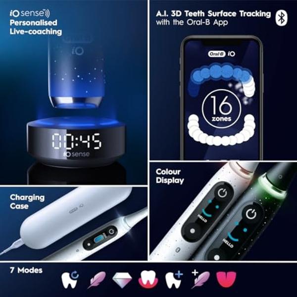Oral-B iO Series 10 Rechargeable Electric Toothbrush with Visible Pressure Sensor to Protect Gums, 2 Min Timer, 7 Cleaning Settings, 4 Replacement Toothbrush Heads, and Charging Tr