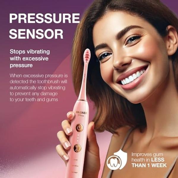 Wagner Stern WHITEN+ Edition. Whitening Electric Toothbrush with Pressure Sensor. Offers 5 Brushing Modes, 3 intensities, 8 Soft Brush Heads, and a Luxury Travel case.