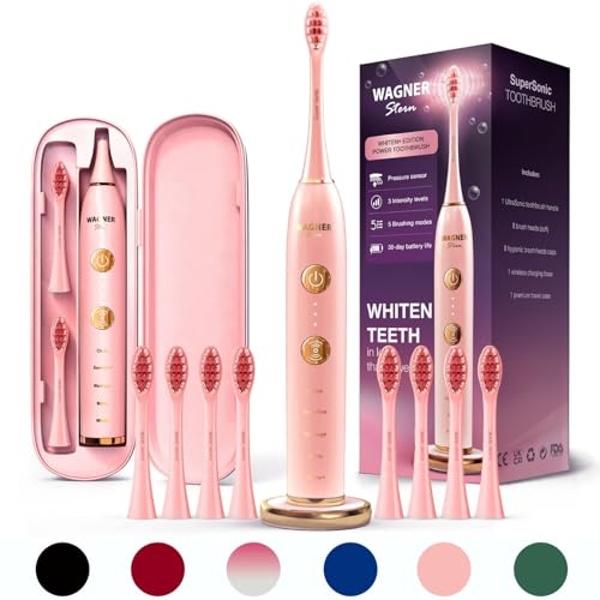 Wagner Stern WHITEN+ Edition. Whitening Electric Toothbrush with Pressure Sensor. Offers 5 Brushing Modes, 3 intensities, 8 Soft Brush Heads, and a Luxury Travel case.