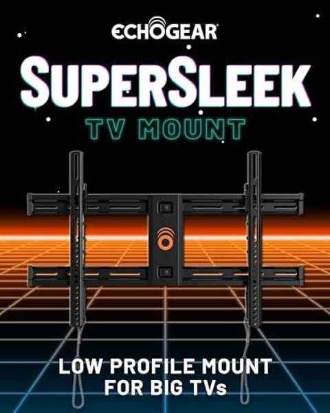ECHOGEAR Heavy Duty TV Wall Mount Bracket for TVs Up to 90" - Low Profile Design Holds TV Only 2.25" from Wall - Fast Install with Template & Level After Mounting - Pull Strings fo