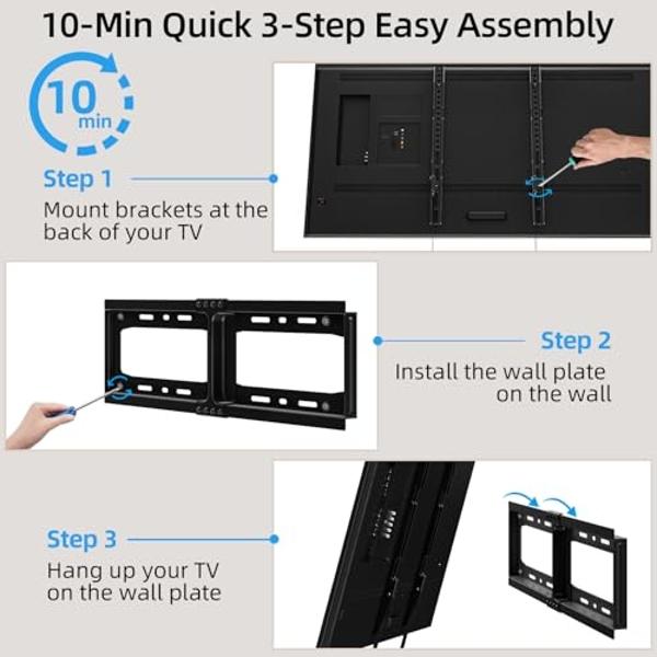 ECHOGEAR Heavy Duty TV Wall Mount Bracket for TVs Up to 90" - Low Profile Design Holds TV Only 2.25" from Wall - Fast Install with Template & Level After Mounting - Pull Strings fo