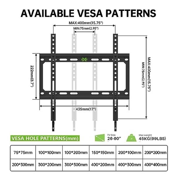 USX MOUNT Fixed TV Wall Mount with Low Profile for Most 26-60 Inch LED, LCD and Flat Screen TVs, Wall Mount Bracket with VESA Up to 400x400mm and Weight Capacity 99lbs,and Space Sa