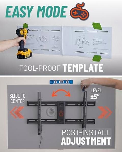 ECHOGEAR Heavy Duty TV Wall Mount Bracket for TVs Up to 90" - Low Profile Design Holds TV Only 2.25" from Wall - Fast Install with Template & Level After Mounting - Pull Strings fo