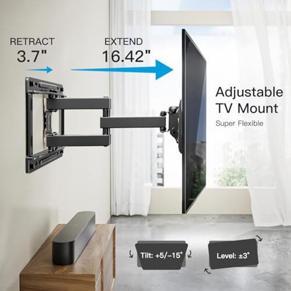 Pipishell TV Wall Mount, Full Motion Wall Mount with Dual Arms, Swivel, Extension for 26-65 inch Flat or Curved TVs up to 99 lbs, Max VESA 400x400mm, 3 Bracket Heights, Fits 12″/16