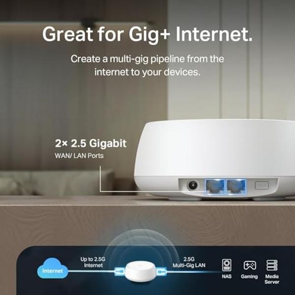 TP-Link Dual-Band BE5000 WiFi 7 Mesh Wi-Fi System (Deco BE25) | 4-Stream 5 Gbps | 240 Mhz Channels | Covers up to 6,600 Sq.Ft | 2X 2.5G Ports Wired Backhaul | VPN,MLO, AI-Roaming, 