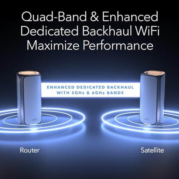 NETGEAR Orbi 970 Series Quad-Band WiFi 7 Mesh Network System (RBE973S), Router + 2 Satellite Extenders, Security Features, Up to 27Gbps, Covers Up to 10,000 sq. ft., 200 Devices, 1