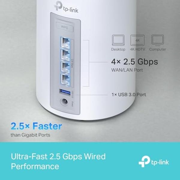 TP-Link Tri-Band WiFi 7 BE10000 Whole Home Mesh System (Deco BE63) - 6-Stream 10 Gbps, 4X 2.5G Ports Wired Backhaul, 4X Smart Internal Antennas, VPN, AI-Roaming, MU-MIMO, HomeShiel