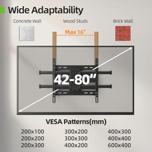 USX MOUNT Full Motion TV Wall Mount for 42-80 Inch TVs up to 132lbs, Wall Mount TV Bracket with Articulating Swivel Tilt Extension Leveling, Max VESA 600x400mm Fits 12/16" Wood Stu