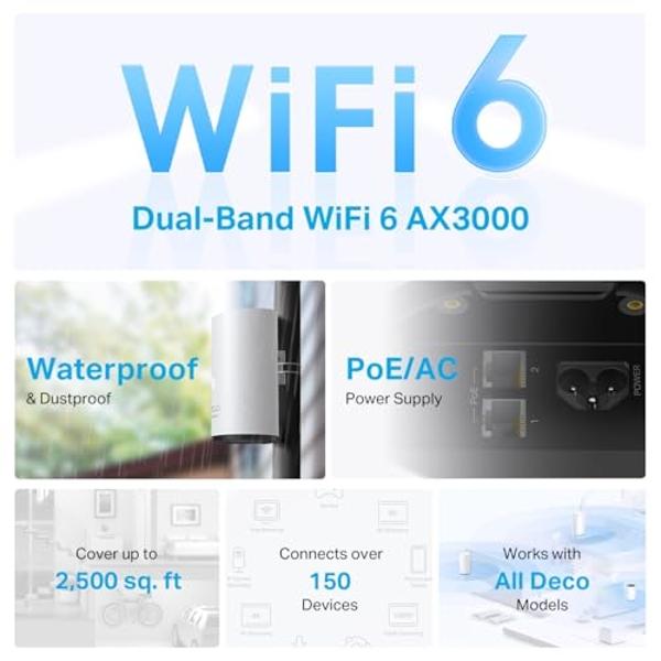 TP-Link Deco Outdoor Mesh WiFi (Deco X50-Outdoor), AX3000 Dual Band WiFi 6 Mesh, 2 Gigabit PoE Ports, 802.3at PoE+,Weatherproof, Works with All Deco Mesh WiFi, 1-Pack