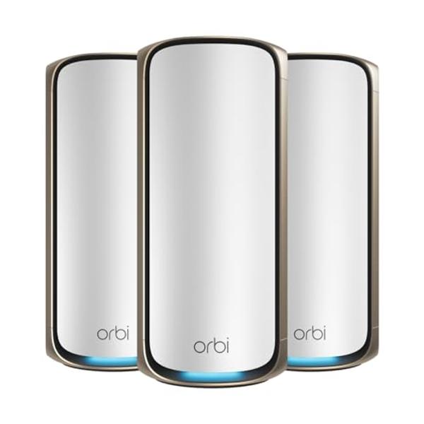 NETGEAR Orbi 970 Series Quad-Band WiFi 7 Mesh Network System (RBE973S), Router + 2 Satellite Extenders, Security Features, Up to 27Gbps, Covers Up to 10,000 sq. ft., 200 Devices, 1