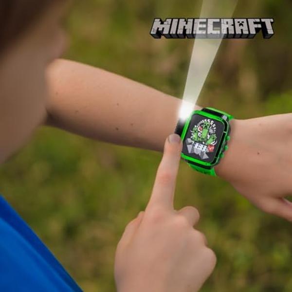 Minecraft Kids LCD Flashlight Watch with Creeper Graphic – Digital Display, Light-Up Dial & Side Flashlight Button – Green Silicone Strap – Ages 6-12 – Fits Wrists 5.5" to 8"