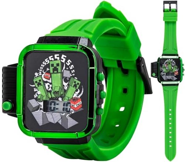 Minecraft Kids LCD Flashlight Watch with Creeper Graphic – Digital Display, Light-Up Dial & Side Flashlight Button – Green Silicone Strap – Ages 6-12 – Fits Wrists 5.5" to 8"