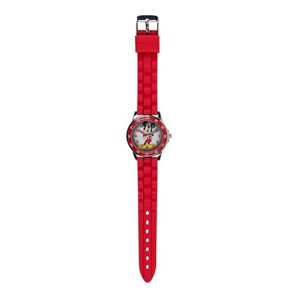 Disney Mickey Mouse Kids Time Teacher Analog Watch with Red Rubber Strap, Labeled Hour and Minute Hands, Fixed Bezel and Collectible Tin Gift Box Fits Wrists 5.5" to 8"