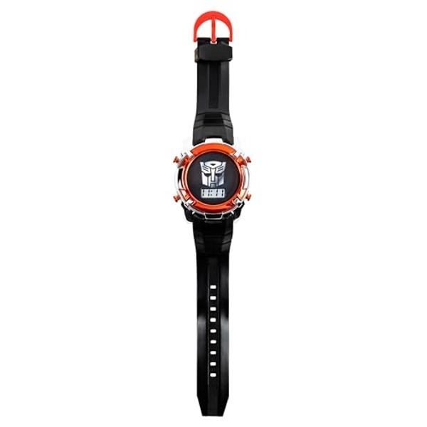 Accutime Transformers LCD Digital Watch for Kids - Iconic Autobot Design, Flashing LED Lights, Black and Red Durable Strap, Comes in Collectible Tin Box