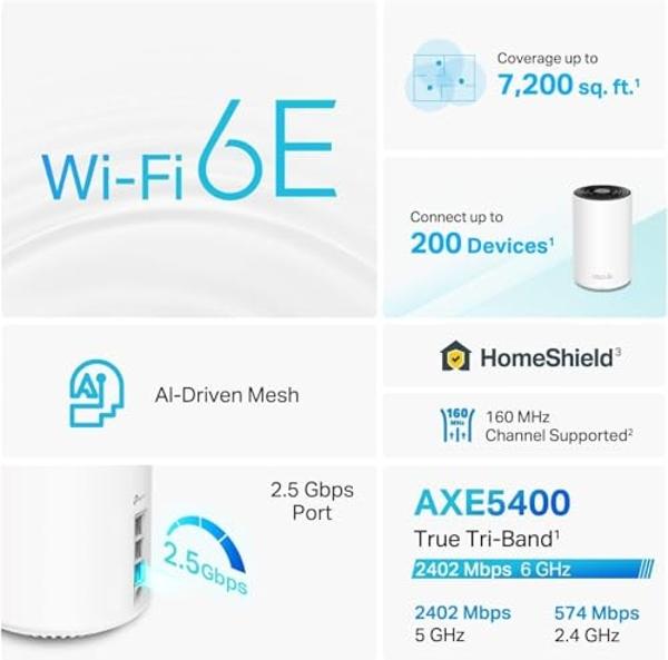 TP-Link Deco AXE5400 Tri-Band WiFi 6E Mesh System(Deco XE75 Pro) - 2.5G WAN/LAN Port, Covers up to 7200 Sq.Ft, Replaces WiFi Router and Extender, AI-Driven Mesh, New 6GHz Band, 3-P