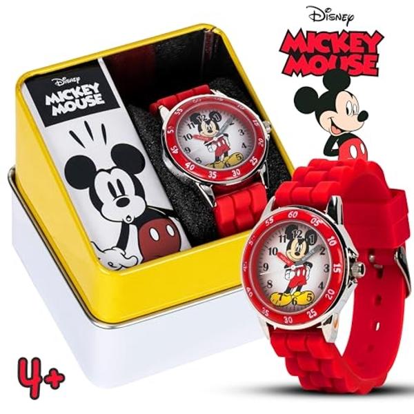 Disney Mickey Mouse Kids Time Teacher Analog Watch with Red Rubber Strap, Labeled Hour and Minute Hands, Fixed Bezel and Collectible Tin Gift Box Fits Wrists 5.5" to 8"